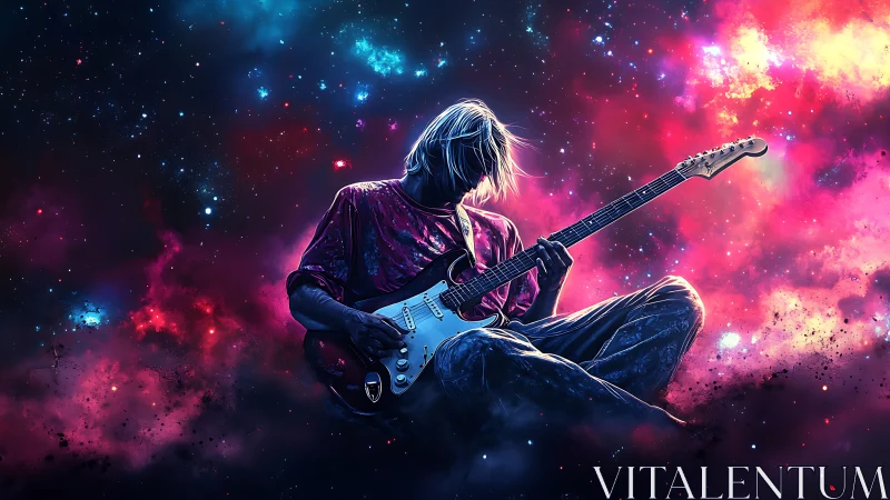 Starlit guitarist drifts through cosmic clouds in quiet joy