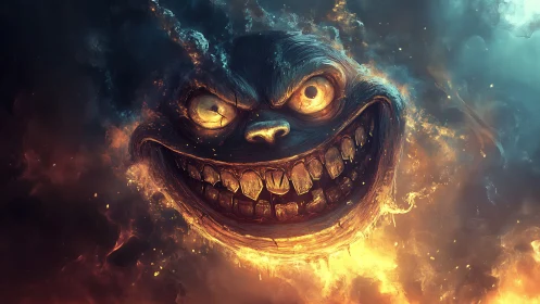 Sinister flaming face in swirling dark blue smoke.