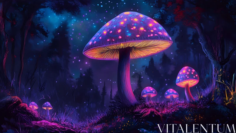 Luminescent mushrooms in dense nocturnal forest setting.