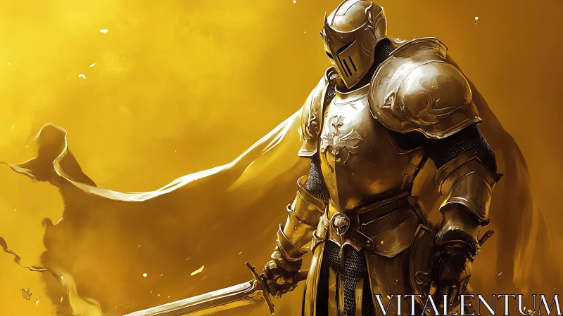 Armored knight with sword in monochrome golden field.