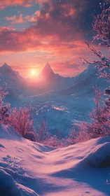 Winter mountains glow under pink sunset sky light.