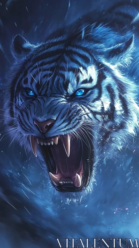Midnight roar of the frostborn tiger in swirling stormlight.