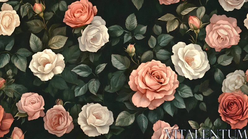 Botanical Rose Garden Pattern on Dark Ground.