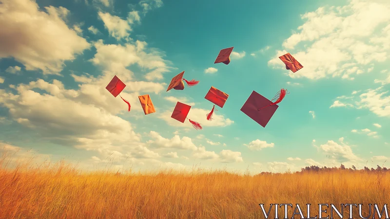 Graduation caps soar above golden field under vivid sky