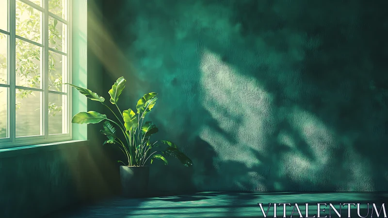 Sunlit green plant by textured teal interior wall.