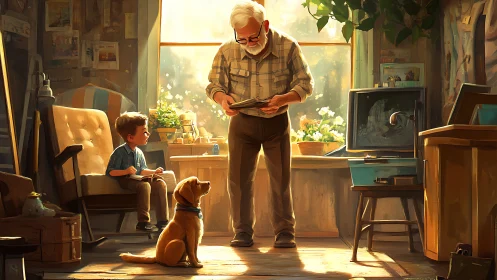 Golden-hour interior scene shows generational storytelling in studio