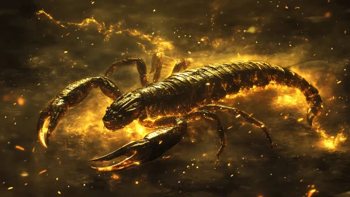 Scorpion-shaped molten form in luminous golden environment.