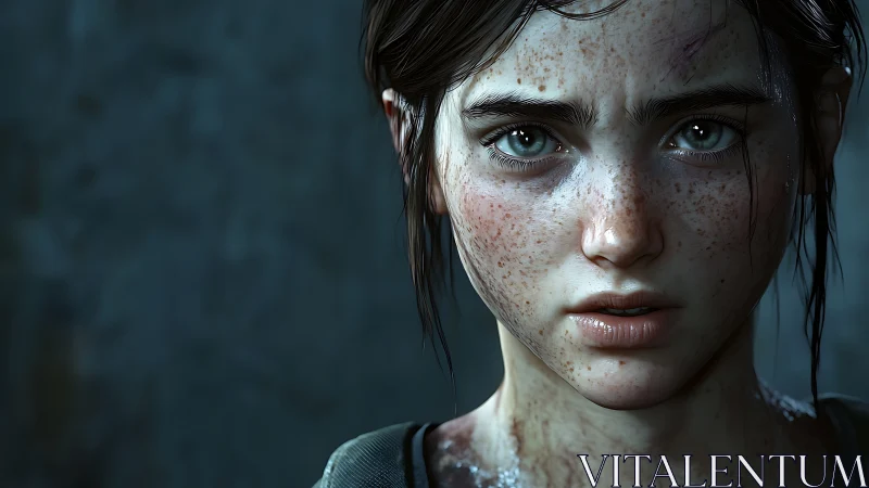 Weathered girl’s freckled stare carved in digital resolve.