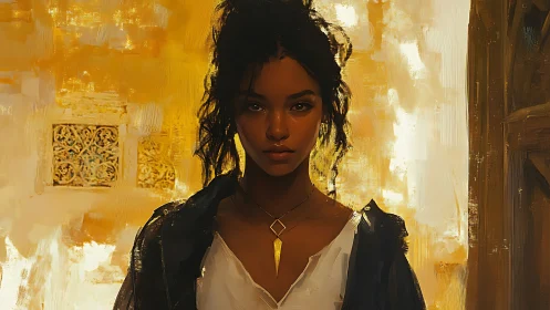 Digital painting portrait in warm architectural light study.