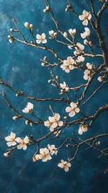Delicate Blossoms on Weathered Branches Against Teal.