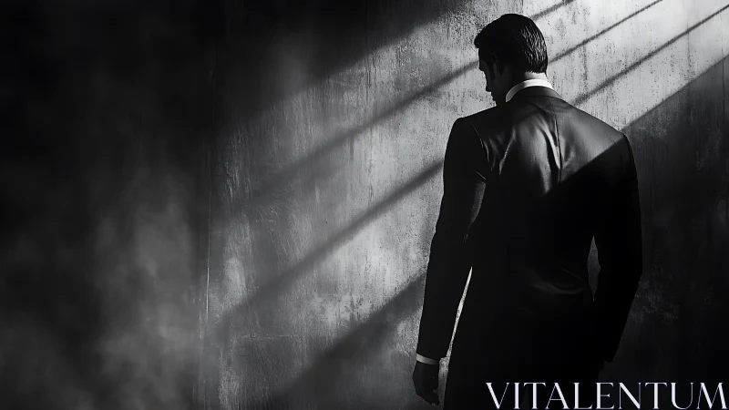 Man in tailored suit stands in moody shafted light alone