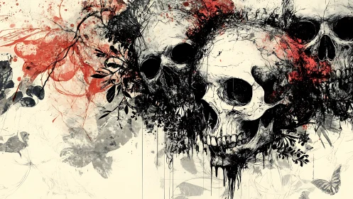 Clustered human skulls with abstract ink and foliage forms.