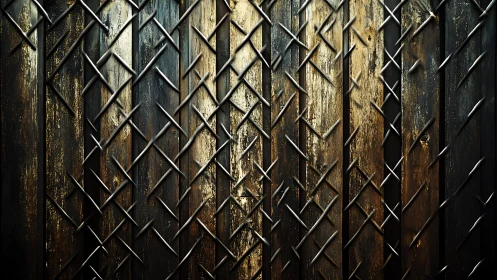 Rustic Wooden Fence with Intersecting Metal Wire Pattern.