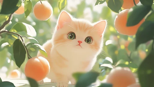 Orange Cat Among Peach Fruit on Tree Branch.