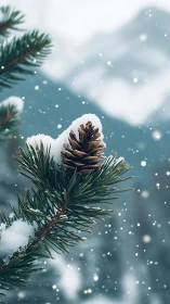 Snow-dusted pinecone macro on evergreen bough in snowfall.