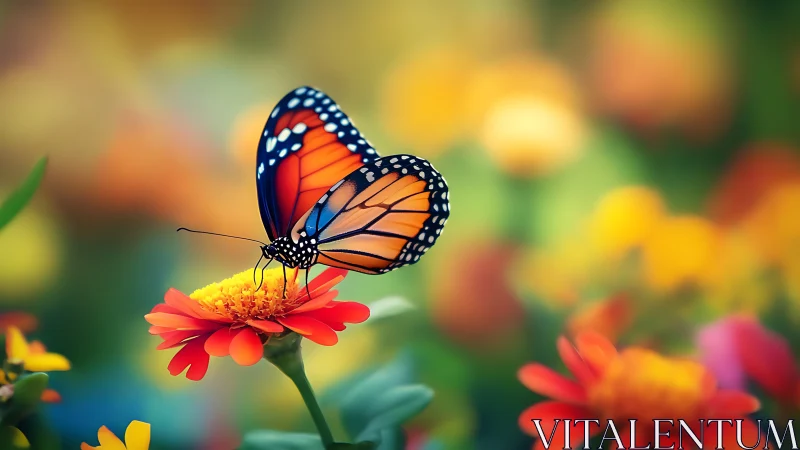 Monarch butterfly on zinnia in soft bokeh garden field.