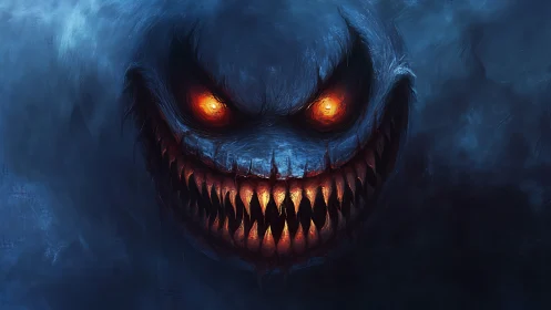 Smoldering monster grin glowing through deep blue fog.
