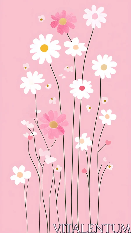 Illustration shows collection of stylized daisies with varied petal configurations arranged vertical