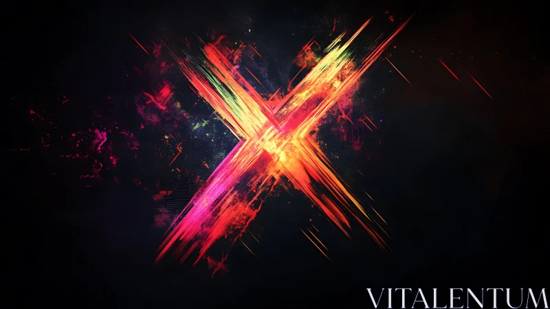 Neon colored X shape forms energetic digital light burst