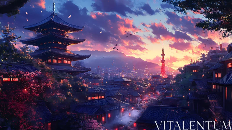 Sunset cityscape unites neon skyline with tranquil pagoda glow