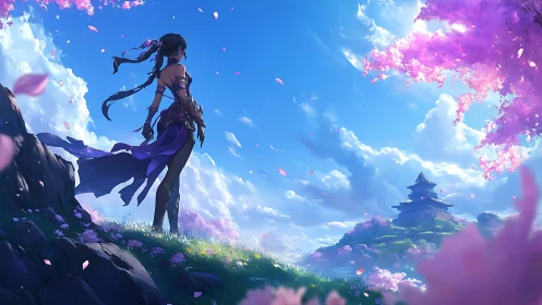 Warrior gazes toward distant sakura temple beneath clouds.