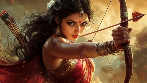 Warrior archer goddess draws bow under dramatic golden sky