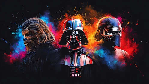 Triad of galactic legends in nebula-splashed neon armor.