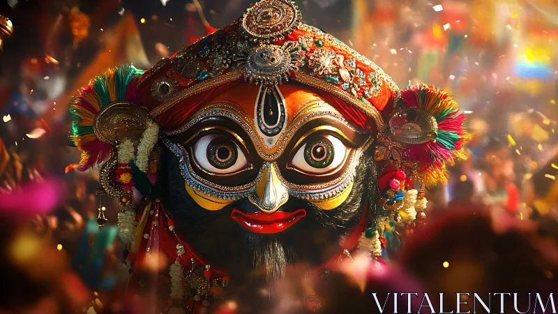 Vibrant Jagannath festival mask in cinematic bokeh lighting.