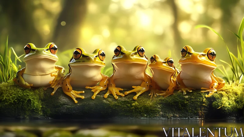 Golden tree frogs aligned on mossy log in glowing forest.