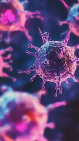 Glowing microscopic virus forms float in rich neon color