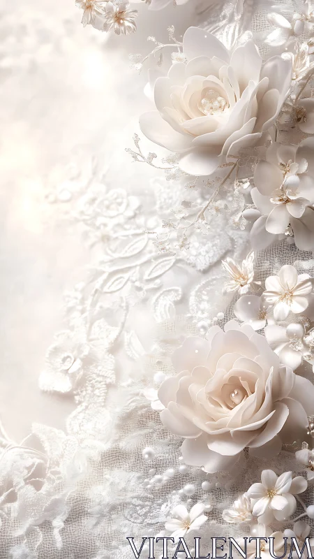 White floral relief with lace and pearls on soft background.