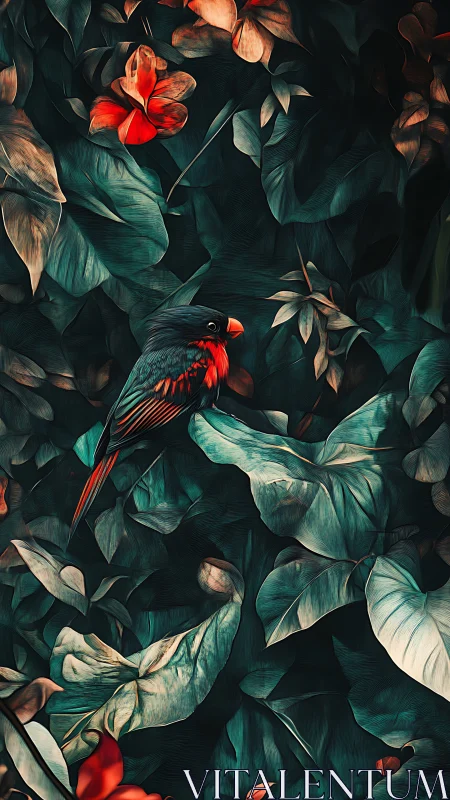 Scarlet-breasted songbird amid teal foliage and crimson blooms