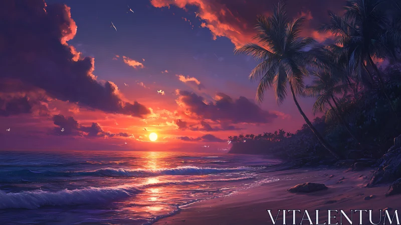 Radiant tropical shoreline under spectrally rich sunset sky.