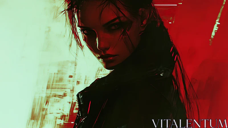 Digital portrait of woman in red and green contrasted light.