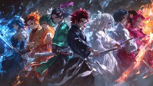 Row of stylized sword fighters stands amid blue and orange flames