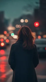 Solitary figure on wet city street with cinematic bokeh glow.