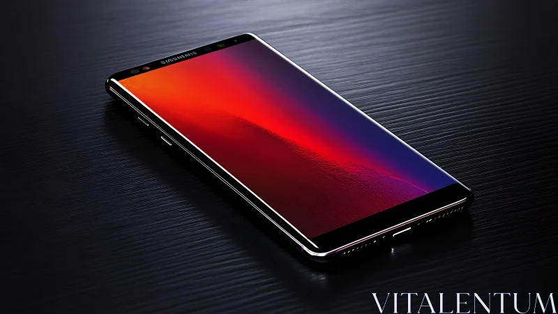 Samsung smartphone displays gradient color spectrum on dark surface.