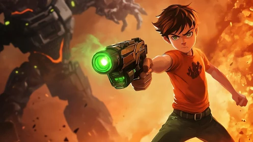 Young sci-fi hero confronts colossal mech amid explosions.
