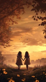 Sunset sisters wandering through a golden childhood hush.