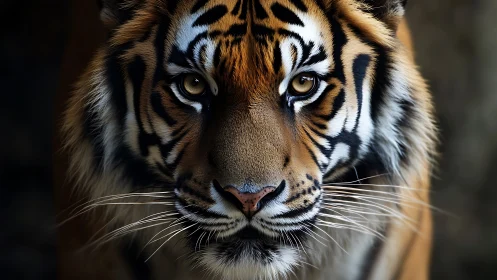 Candlelit gaze of a striped jungle monarch in still focus.