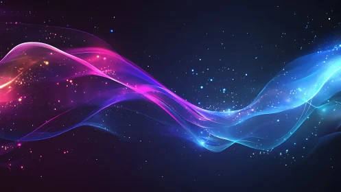 Neon energy waves stream through a starry cosmic void.