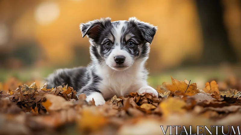 Photorealistic autumn puppy portrait with shallow depth of field.
