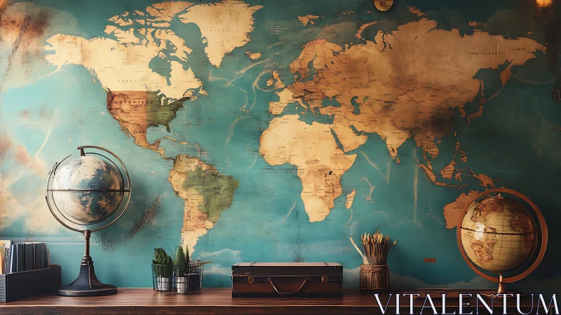 Cozy travel nook with vintage world map and warm globes.