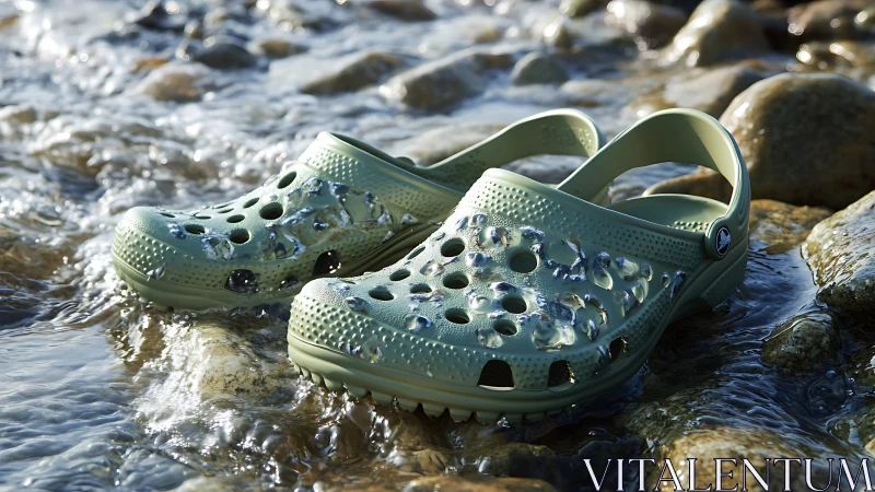 Green rubber clogs rest in shallow flowing water on rocks