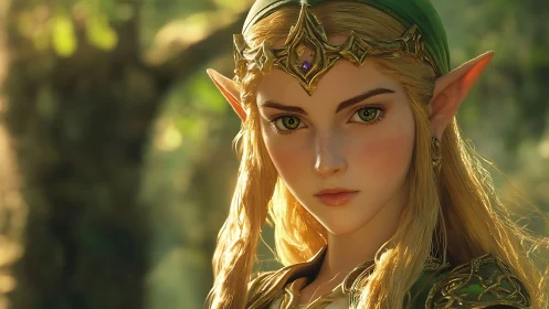 Elven princess gazes ahead in dappled forest light