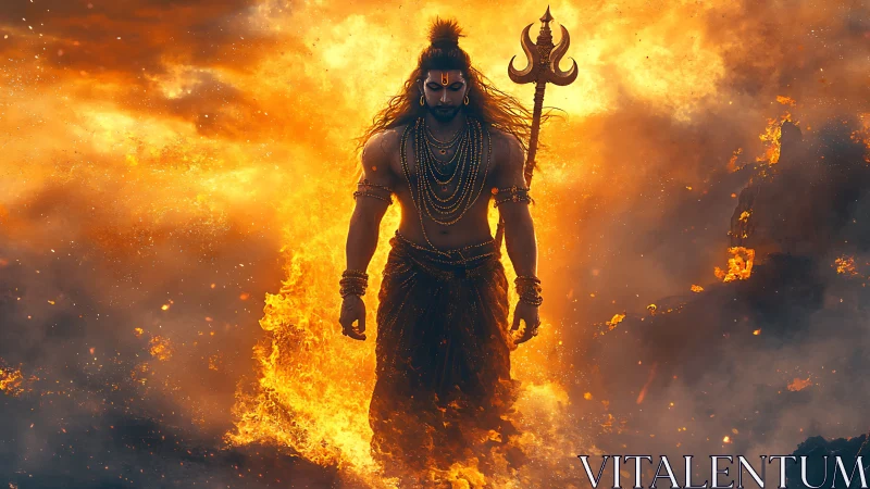 Fire-drenched warrior deity strides through inferno storm.