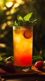Golden-amber mixed beverage with fresh mint garnish and raspberry accompaniment