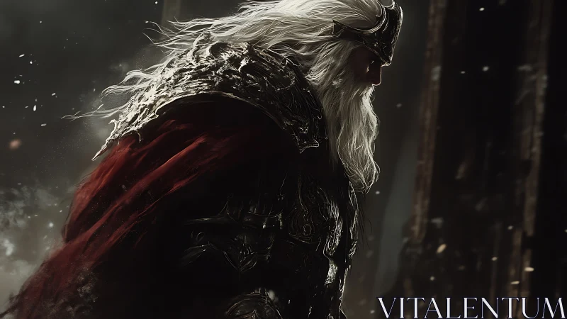 Weathered fantasy king walking through a storm of memory.