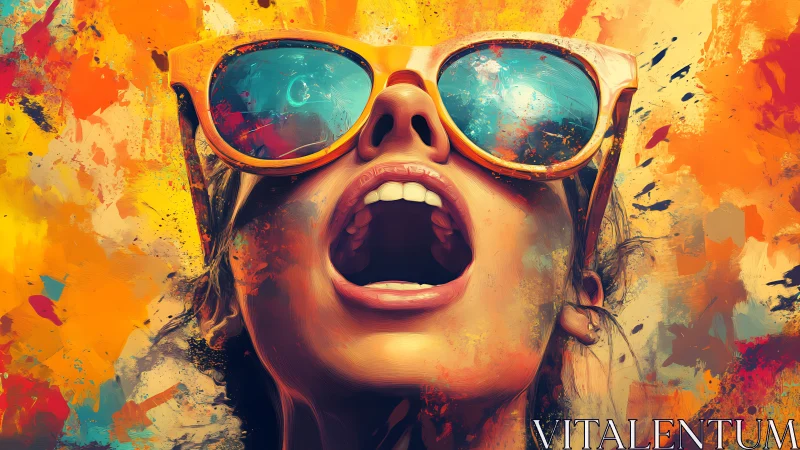 Vibrant digital portrait shows woman in sunglasses shouting upward