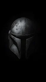 Battle-worn sci-fi helmet floats in stark black void